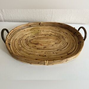 Vintage 1970’s Pencil Reed Rattan Oval Tray With Brass Handles 10”x14” Rare